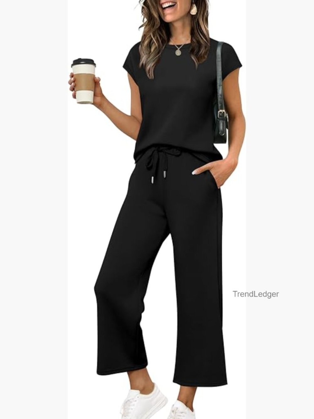 Women's Two Piece Lounge Set Cap Sleeve Top Wide Leg Pants Vacation Outfit